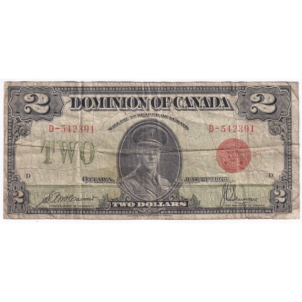 DC-26b 1923 Dominion $2 McCavour-Saunders, Red Seal, Group 1, D, Very Good (VG8)