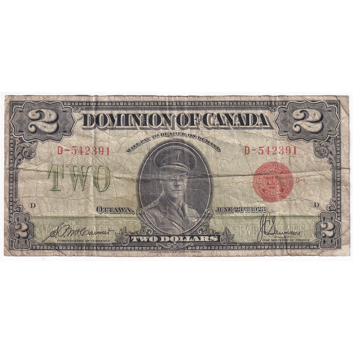 DC-26b 1923 Dominion $2 McCavour-Saunders, Red Seal, Group 1, D, Very Good (VG8)