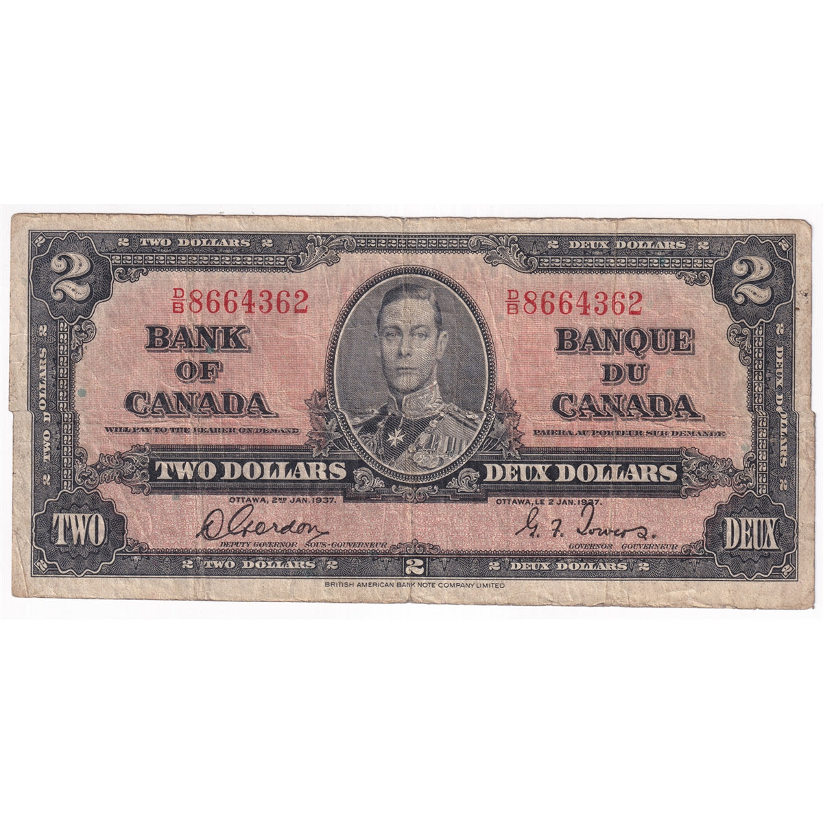 BC-22b 1937 Canada $2 Gordon-Towers, D/B, VG-F (VG10)