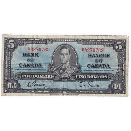BC-23b 1937 Canada $5 Gordon-Towers, D/C, F-VF (F15)