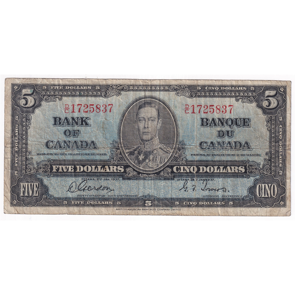 BC-23b 1937 Canada $5 Gordon-Towers, D/C, Very Good (VG8)