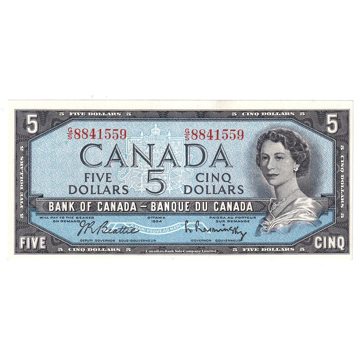 BC-39b 1954 Canada $5 Beattie-Rasminsky, G/S, AU-UNC (AU55)