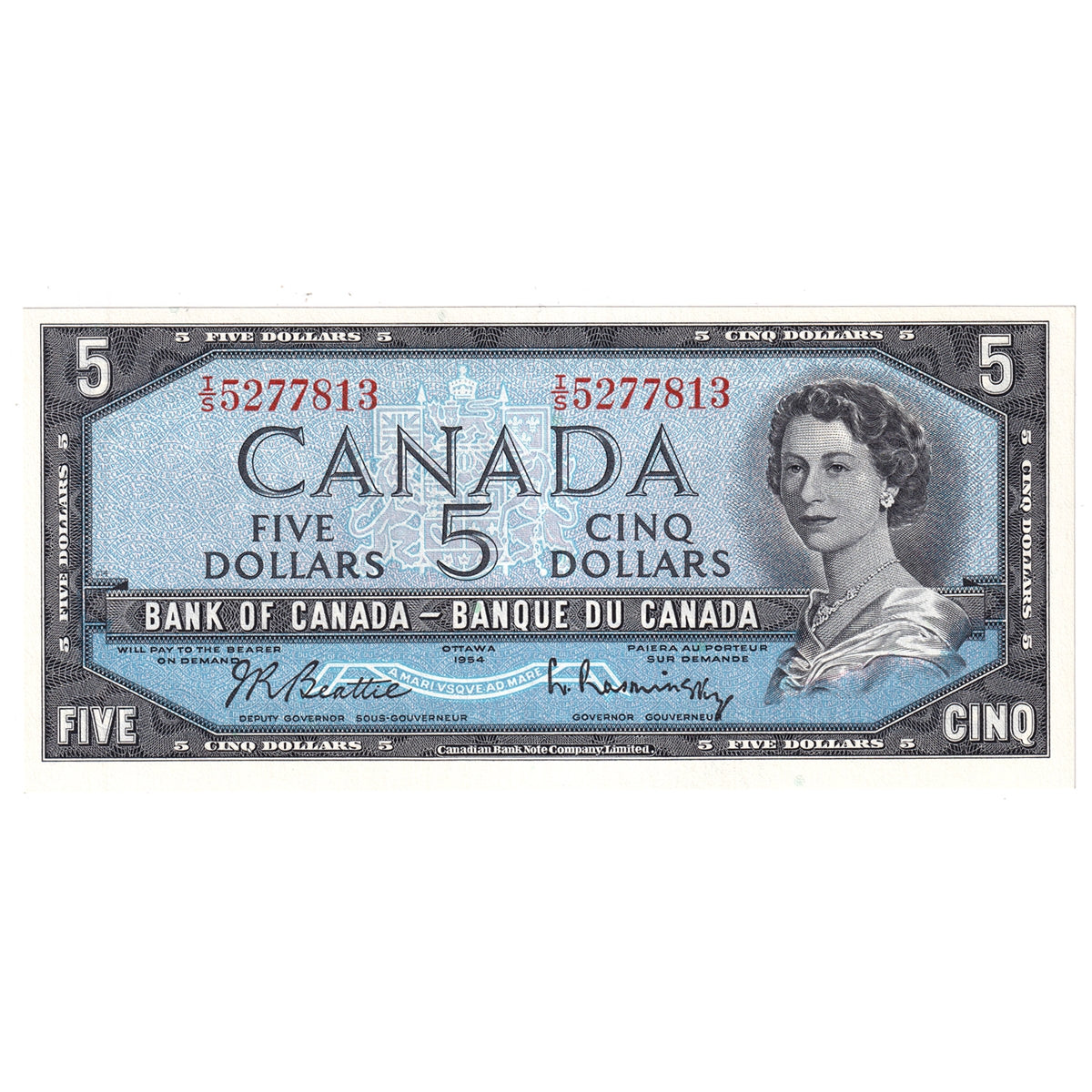 BC-39b 1954 Canada $5 Beattie-Rasminsky, H/S, AU-UNC (AU55)