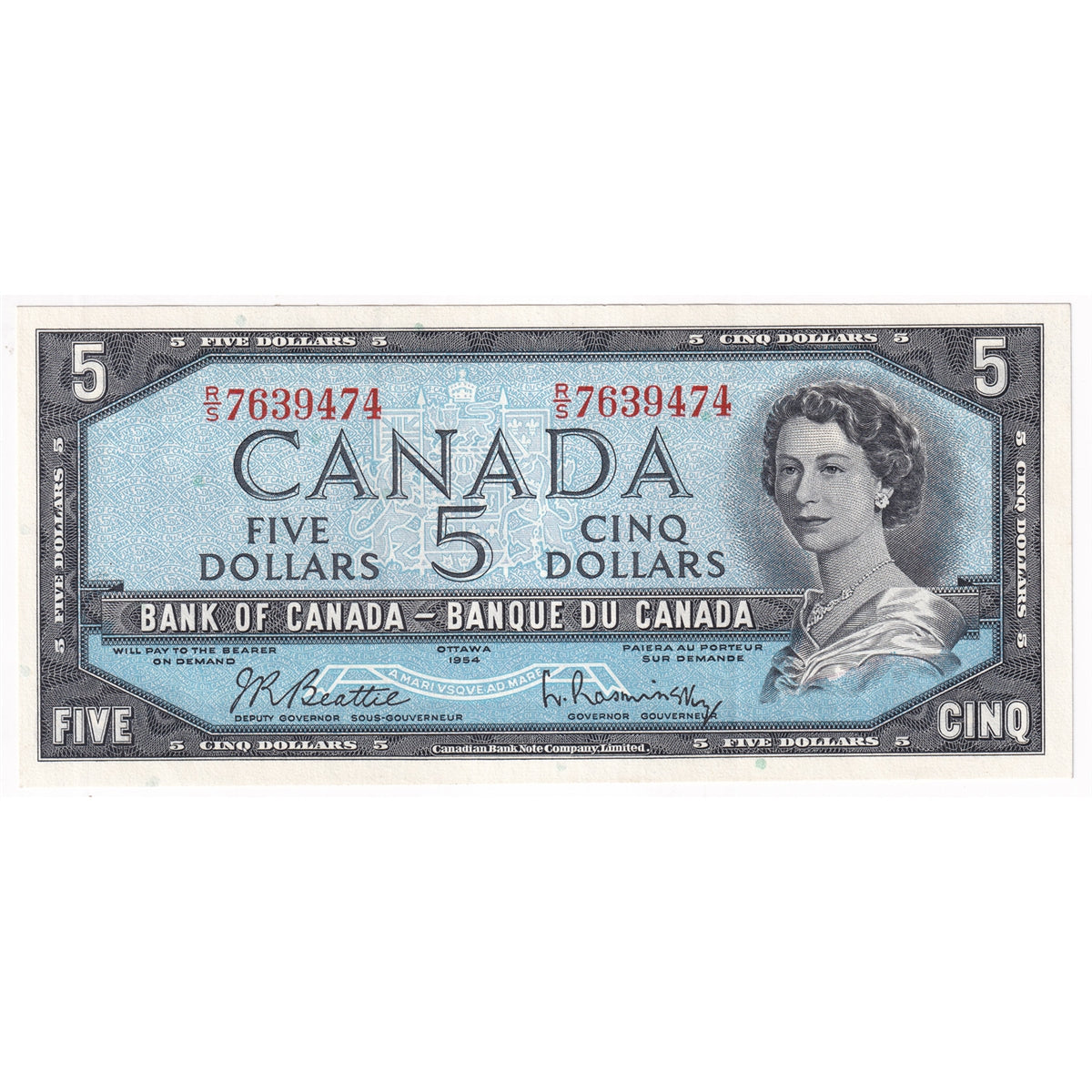 BC-39b 1954 Canada $5 Beattie-Rasminsky, R/S, Extra Fine (EF40)