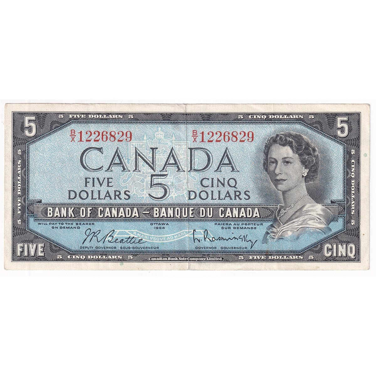 BC-39b 1954 Canada $5 Beattie-Rasminsky, B/X, VF-EF (VF30)