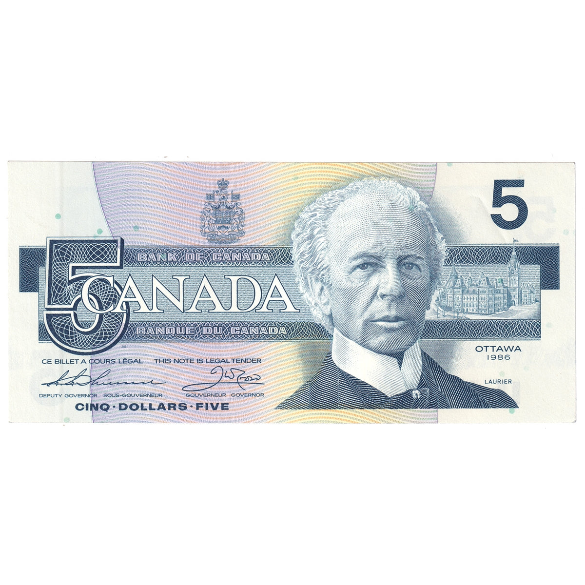 BC-56b 1986 Canada $5 Thiessen-Crow, FNT, Almost Uncirculated (AU50)