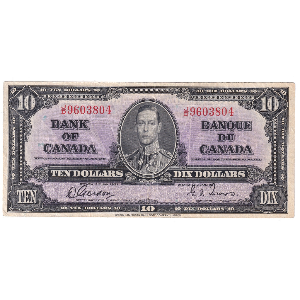 BC-24b 1937 Canada $10 Gordon-Towers, J/D, VF-EF (VF30)
