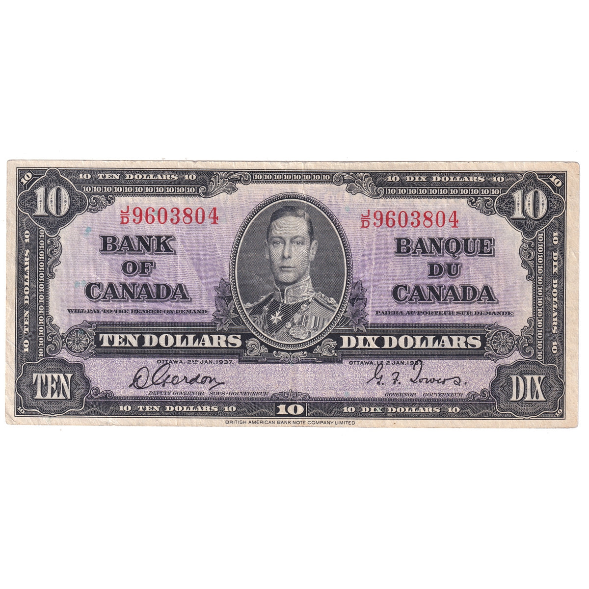 BC-24b 1937 Canada $10 Gordon-Towers, J/D, VF-EF (VF30)