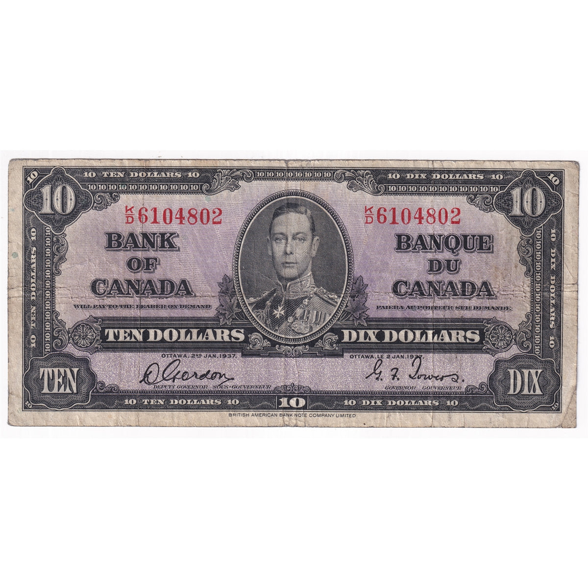 BC-24b 1937 Canada $10 Gordon-Towers, K/D, VG-F