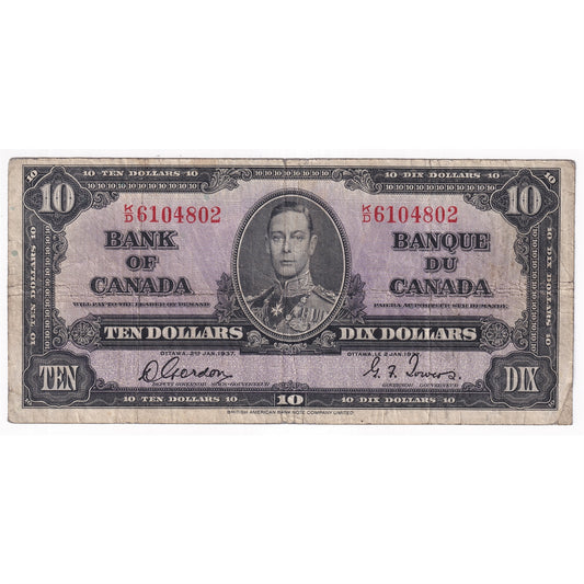BC-24b 1937 Canada $10 Gordon-Towers, K/D, VG-F