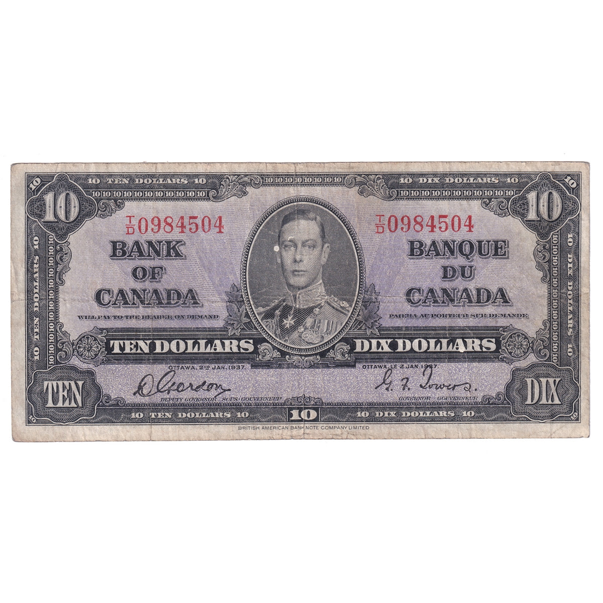 BC-24b 1937 Canada $10 Gordon-Towers, T/D, VG-F (VG10)
