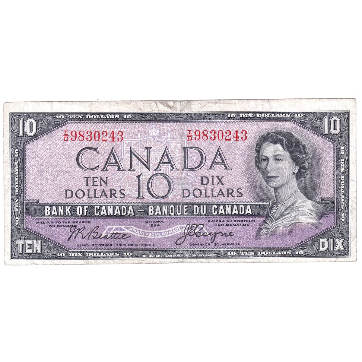BC-32b 1954 Canada $10 Beattie-Coyne, Devil's Face, I/D, Very Good (VG8)