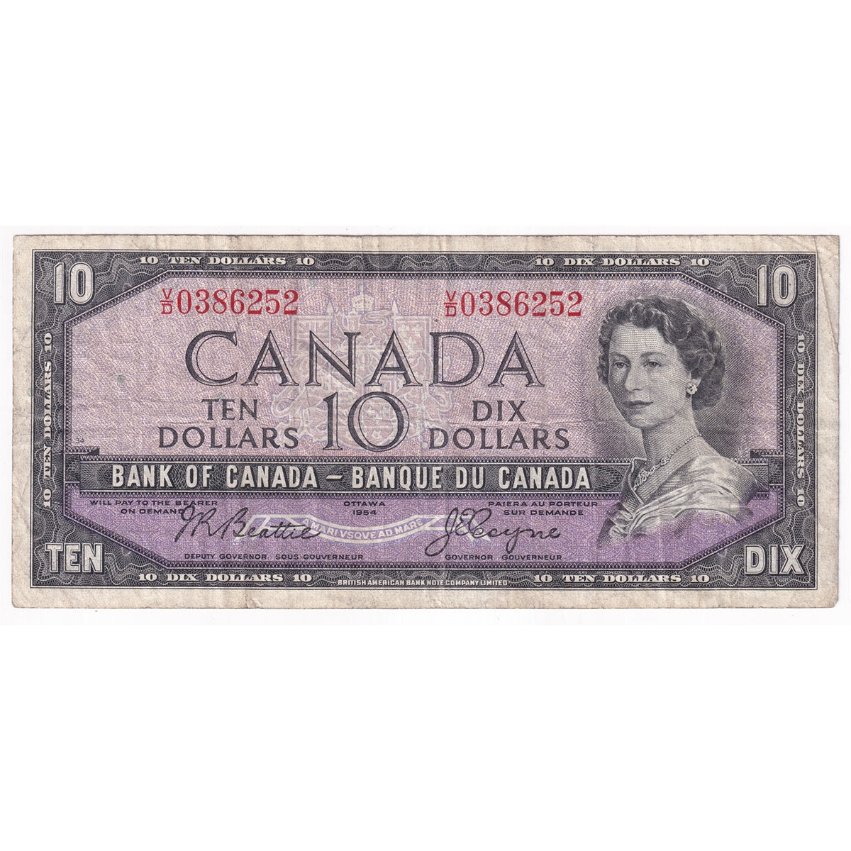 BC-40a 1954 Canada $10 Beattie-Coyne, V/D, F-VF (F15)