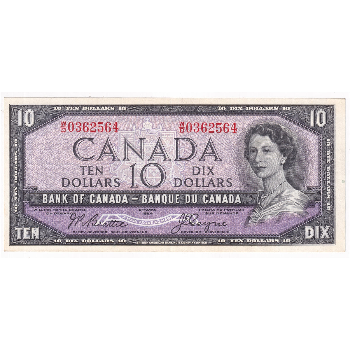 BC-40a 1954 Canada $10 Beattie-Coyne, W/D, Extra Fine (EF40)