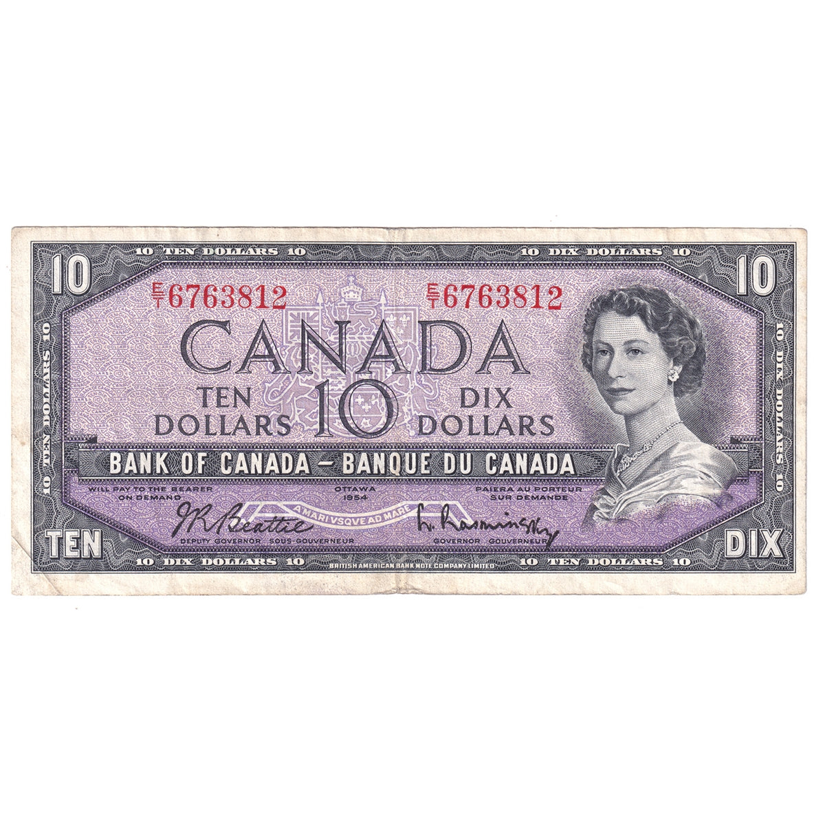 BC-40b 1954 Canada $10 Beattie-Rasminsky, E/T, F-VF (F15)