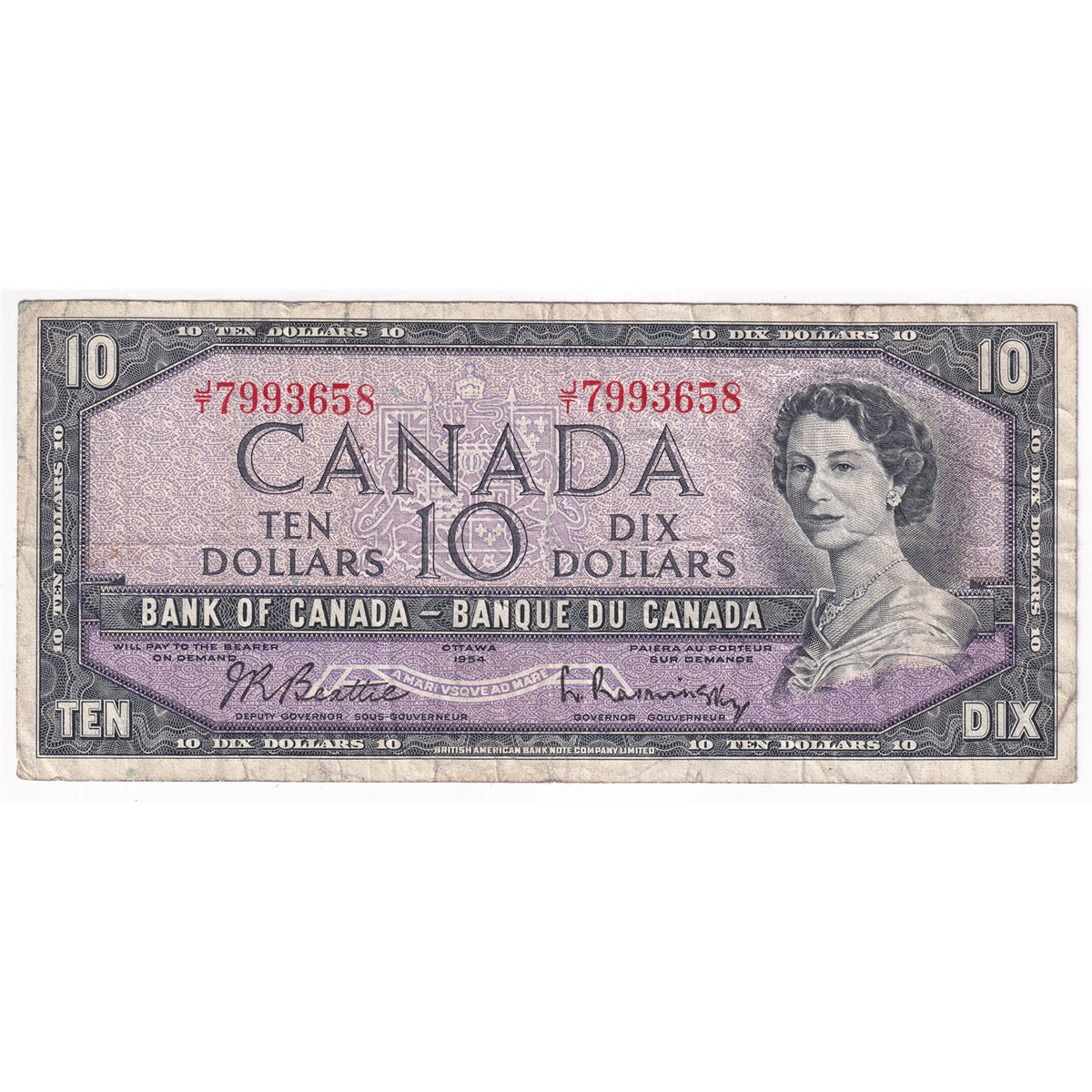 BC-40b 1954 Canada $10 Beattie-Rasminsky, J/T, F-VF (F15)
