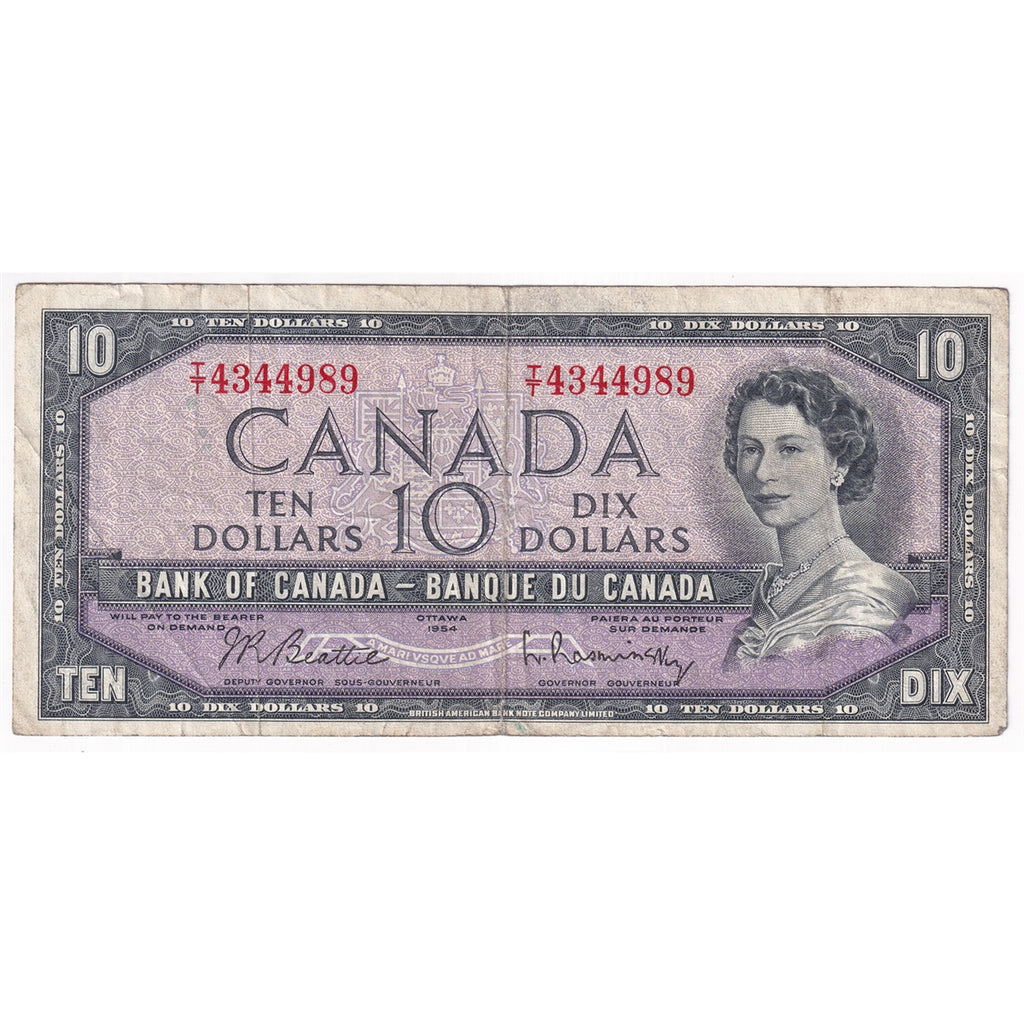 BC-40b 1954 Canada $10 Beattie-Rasminsky, T/T, Fine (F12)