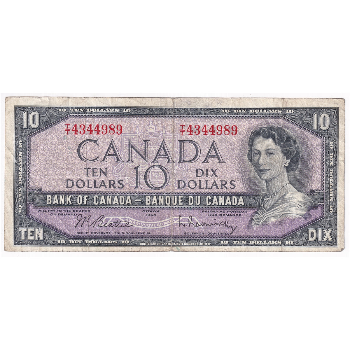 BC-40b 1954 Canada $10 Beattie-Rasminsky, T/T, Fine (F12)