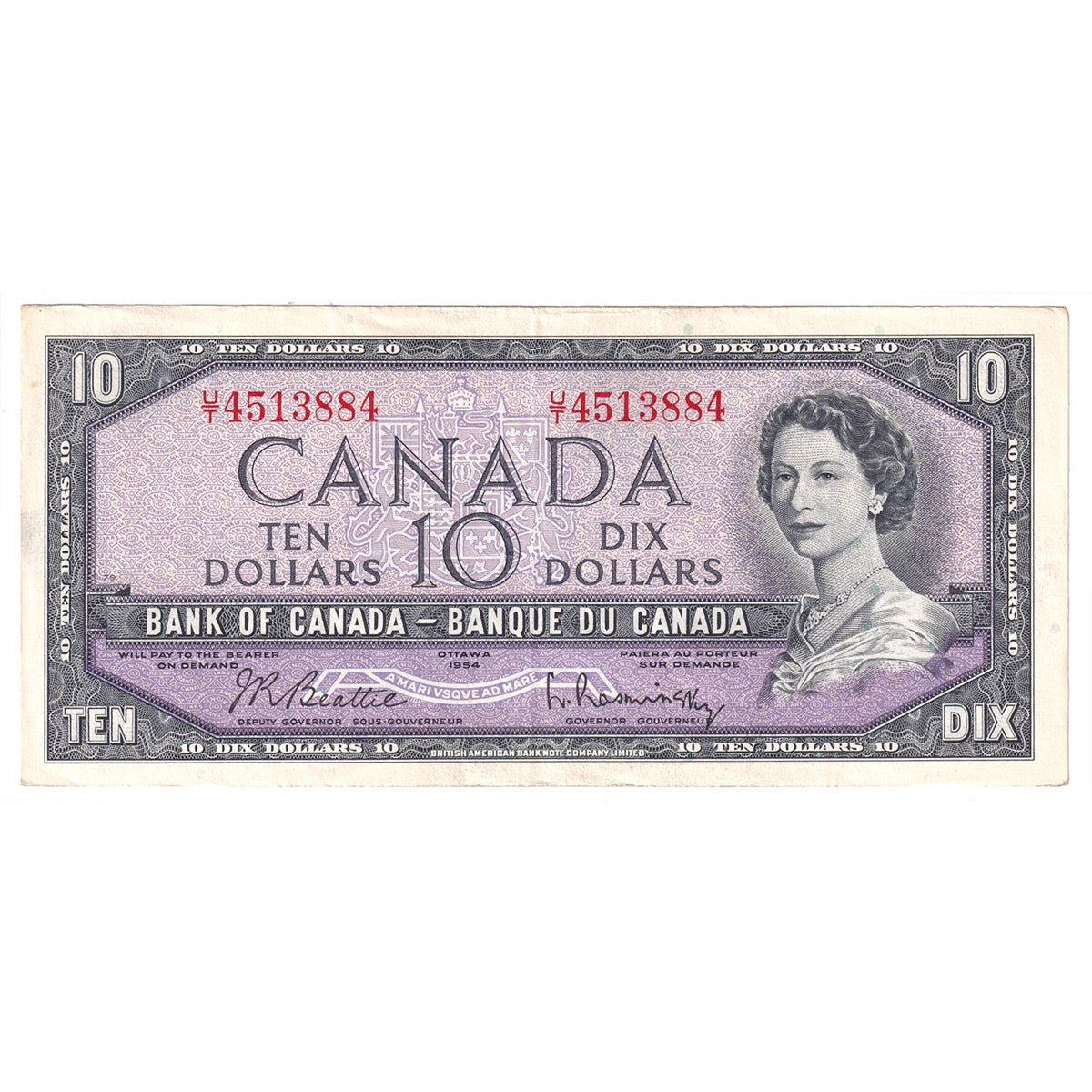 BC-40b 1954 Canada $10 Beattie-Rasminsky, U/T, VF-EF (VF30)