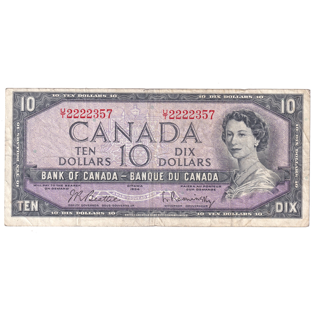 BC-40b 1954 Canada $10 Beattie-Rasminsky, U/T, F-VF (F15)