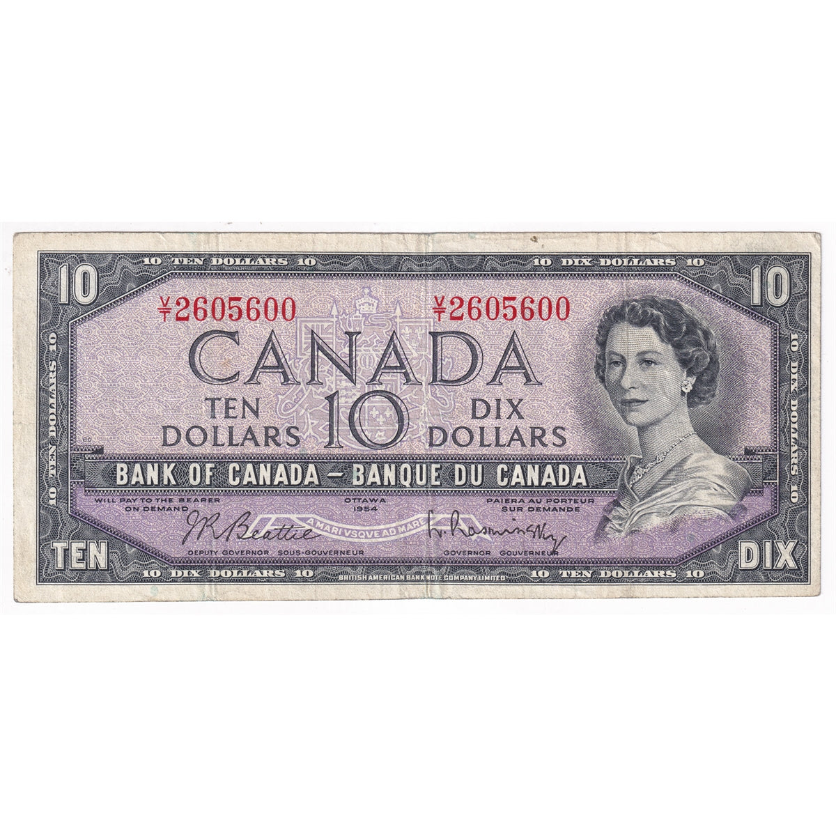 BC-40b 1954 Canada $10 Beattie-Rasminsky, V/T, Fine (F12)