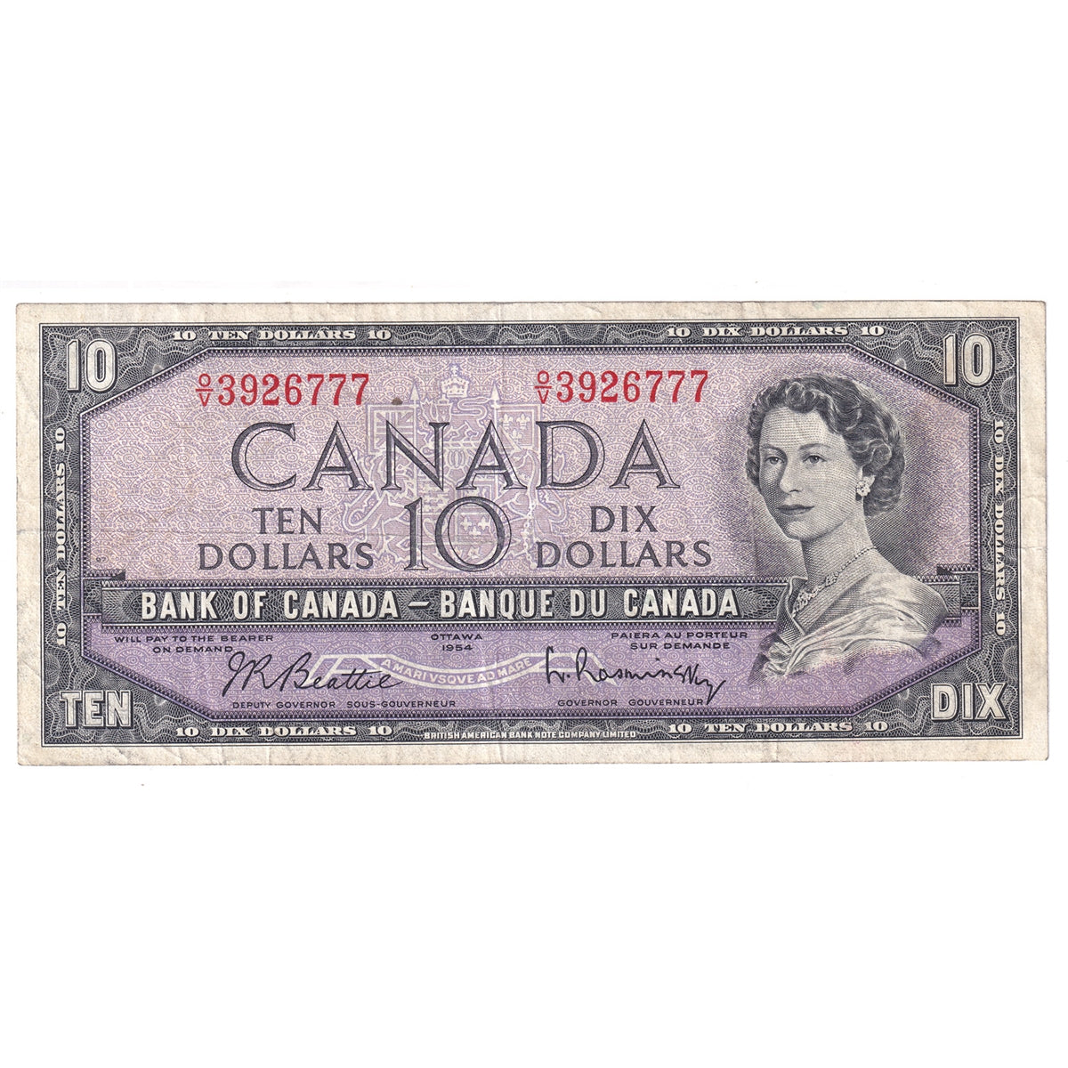 BC-40b 1954 Canada $10 Beattie-Rasminsky, O/V, F-VF (F15)