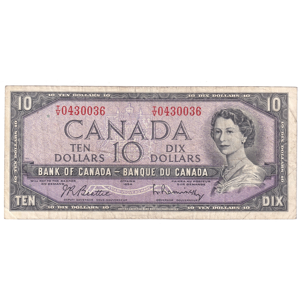 BC-40b 1954 Canada $10 Beattie-Rasminsky, T/V, Fine (F12)