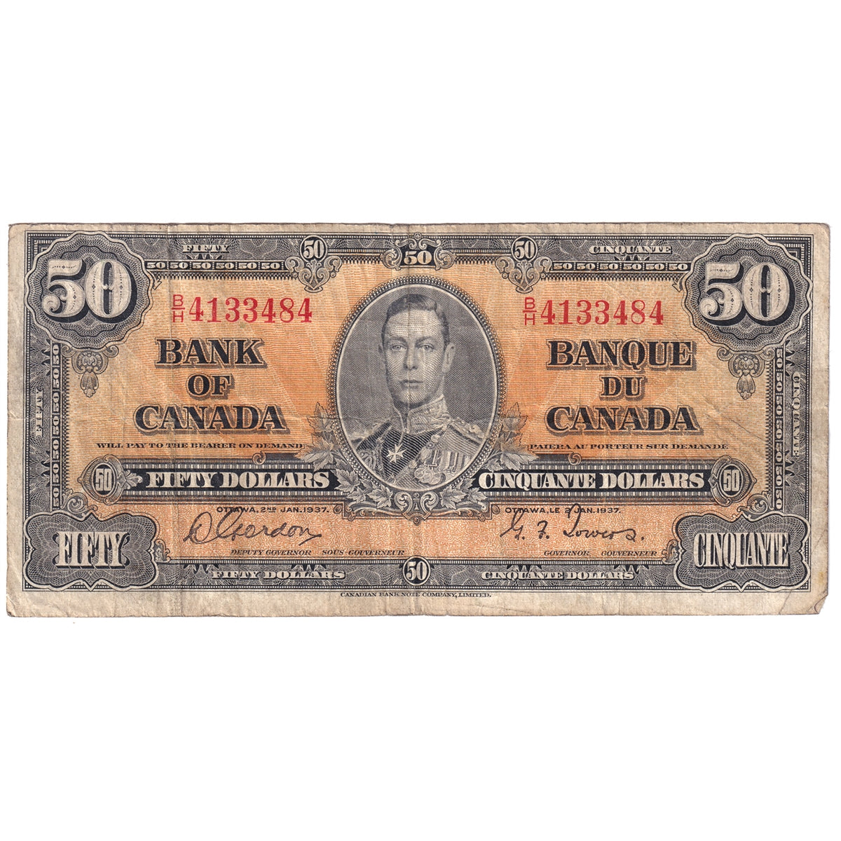 BC-26b 1937 Canada $50 Gordon-Towers, B/H, VG-F (VG10)