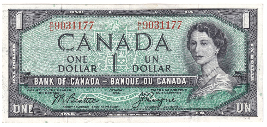 BC-37a 1954 Canada $1 Beattie-Coyne, R/L, VF-EF (VF30)