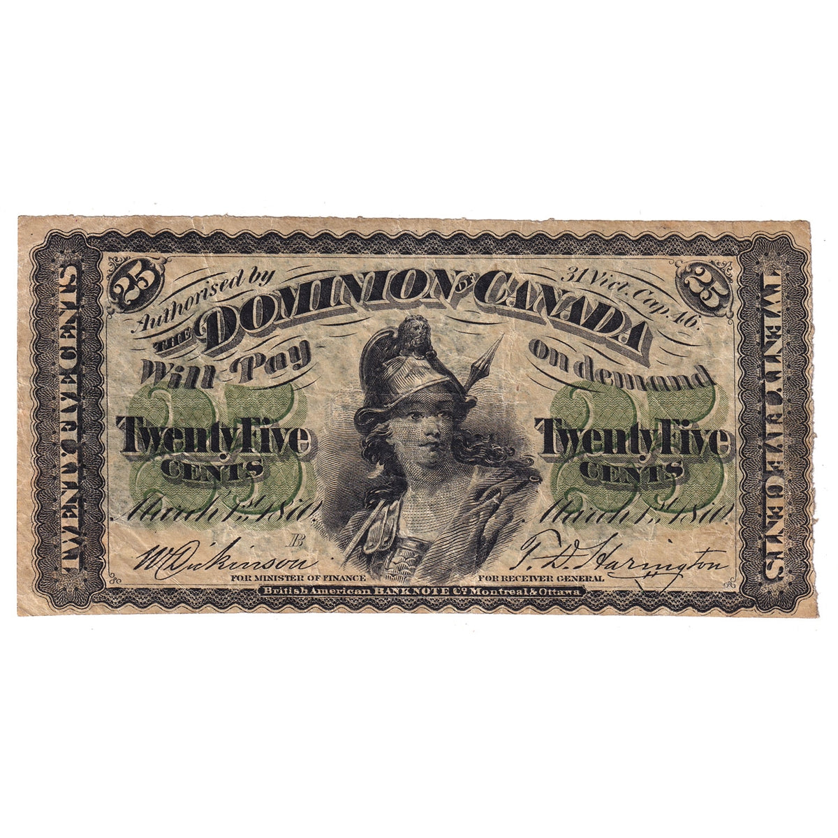 DC-1b 1870 Dominion 25 cent Shinplaster Dickinson-Harington, Large B, Very Fine (VF20)