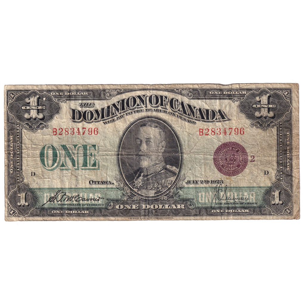 DC-25i 1923 Dominion $1 McCavour-Saunders, Bronze Seal, Group 2, Series B, Very Good (VG8)