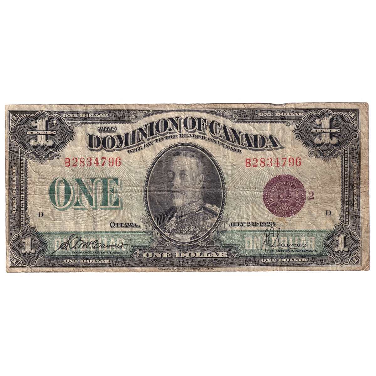 DC-25i 1923 Dominion $1 McCavour-Saunders, Bronze Seal, Group 2, Series B, Very Good (VG8)
