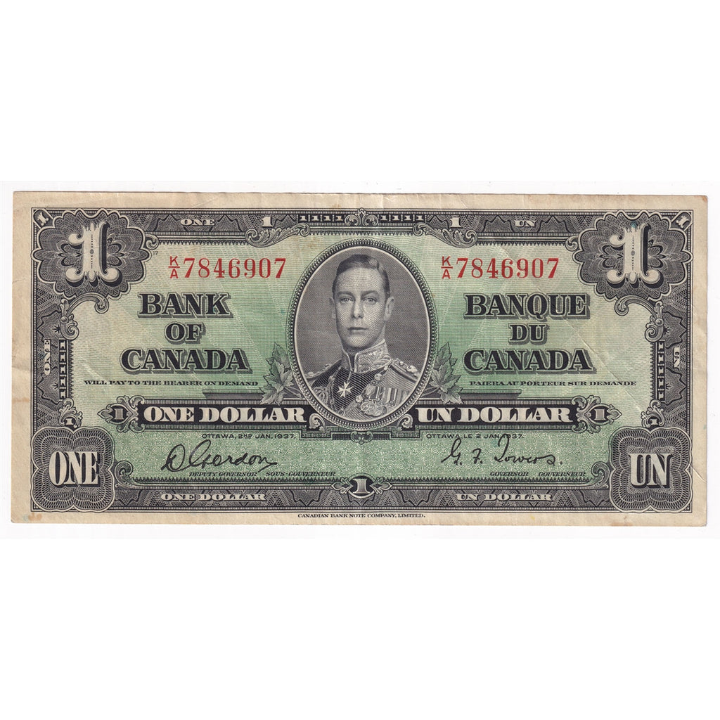 BC-21c 1937 Canada $1 Gordon-Towers, K/A, VF-EF (VF30)
