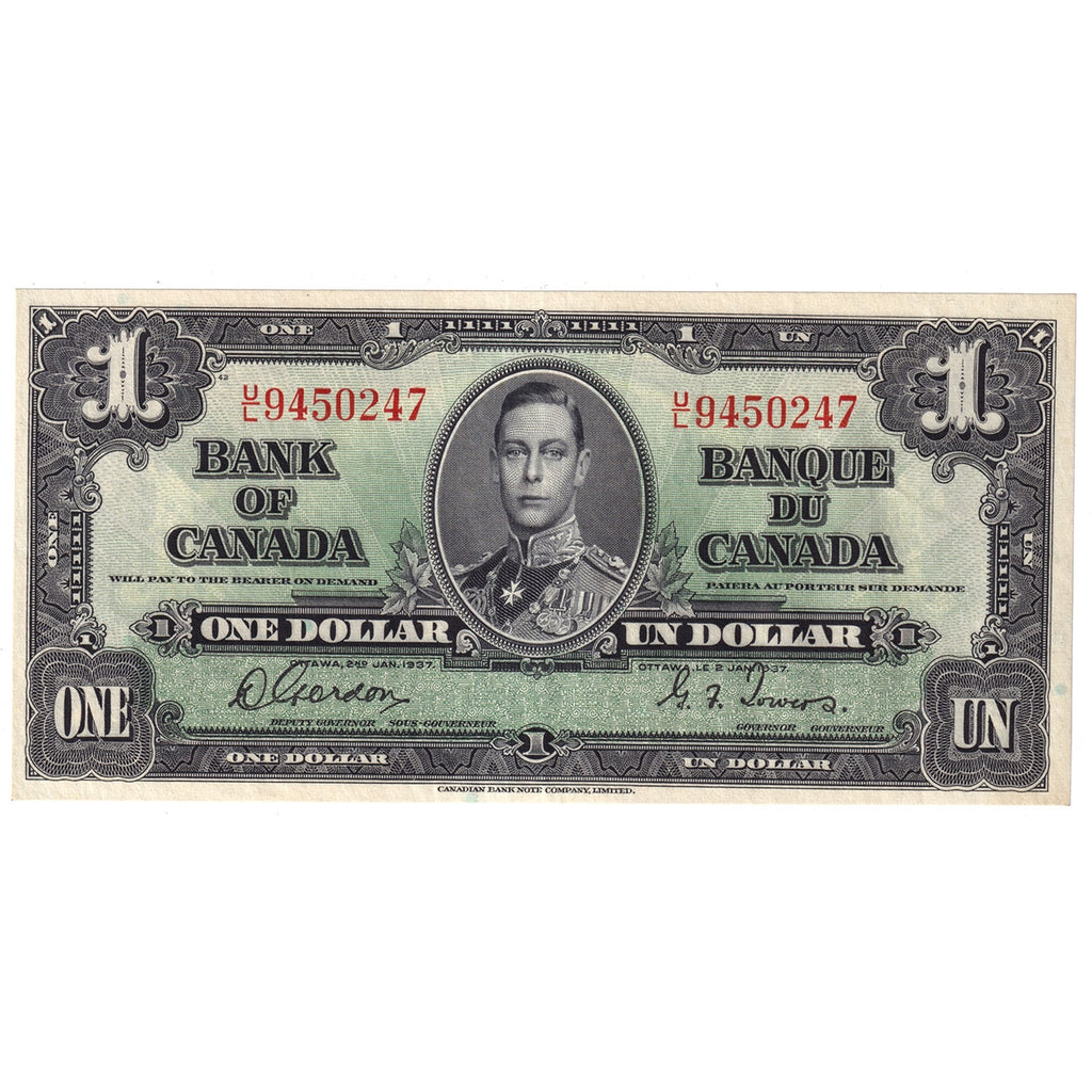BC-21c 1937 Canada $1 Gordon-Towers, U/L, AU-UNC (AU55)