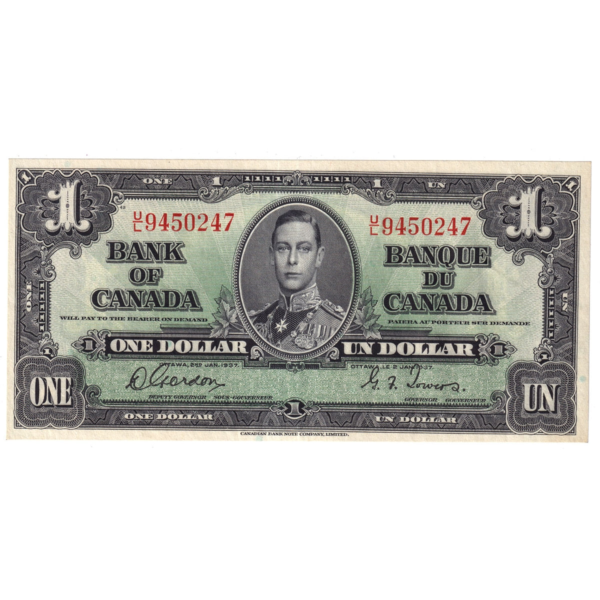 BC-21c 1937 Canada $1 Gordon-Towers, U/L, AU-UNC (AU55)
