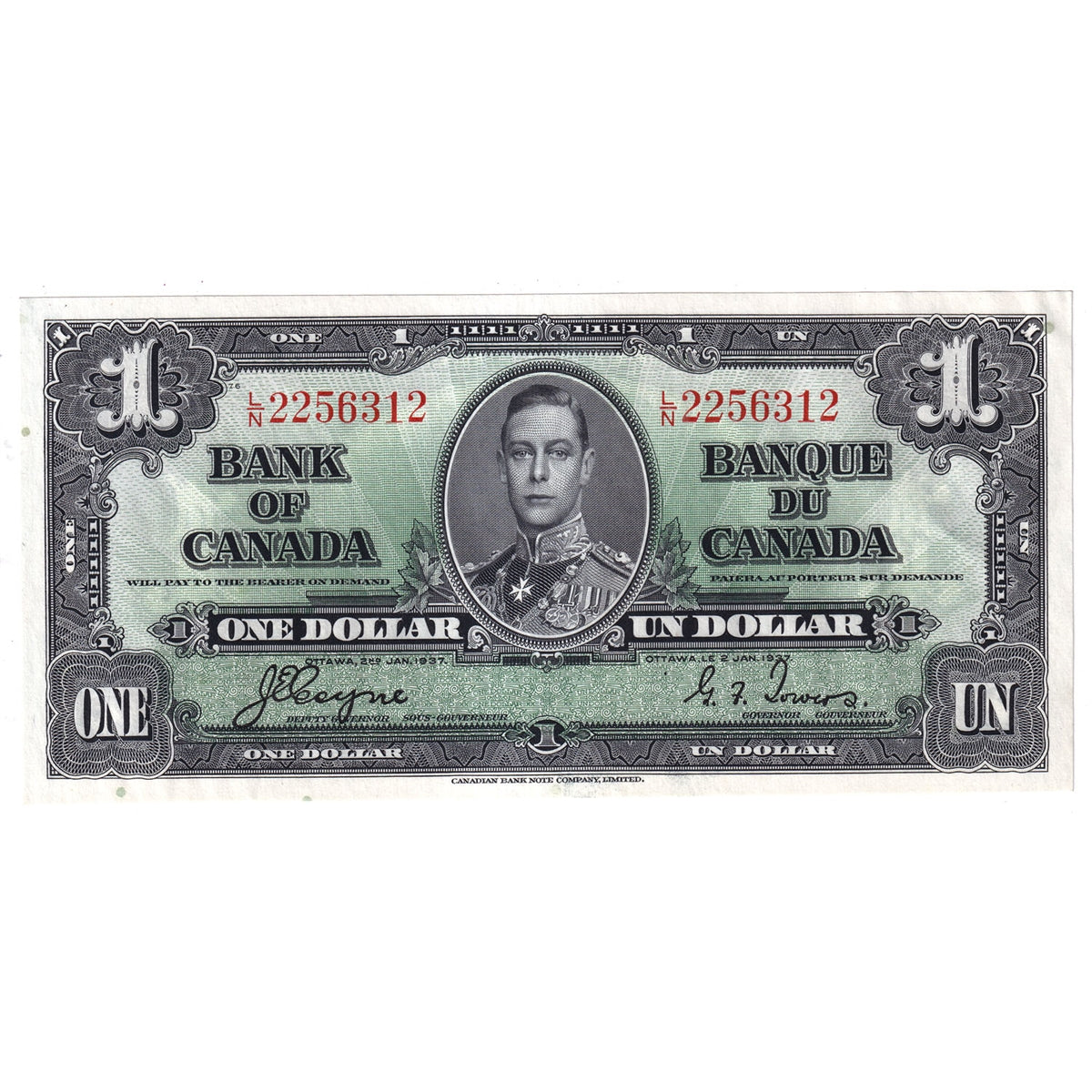 BC-21d 1937 Canada $1 Coyne-Towers, L/N, AU-UNC (AU55)