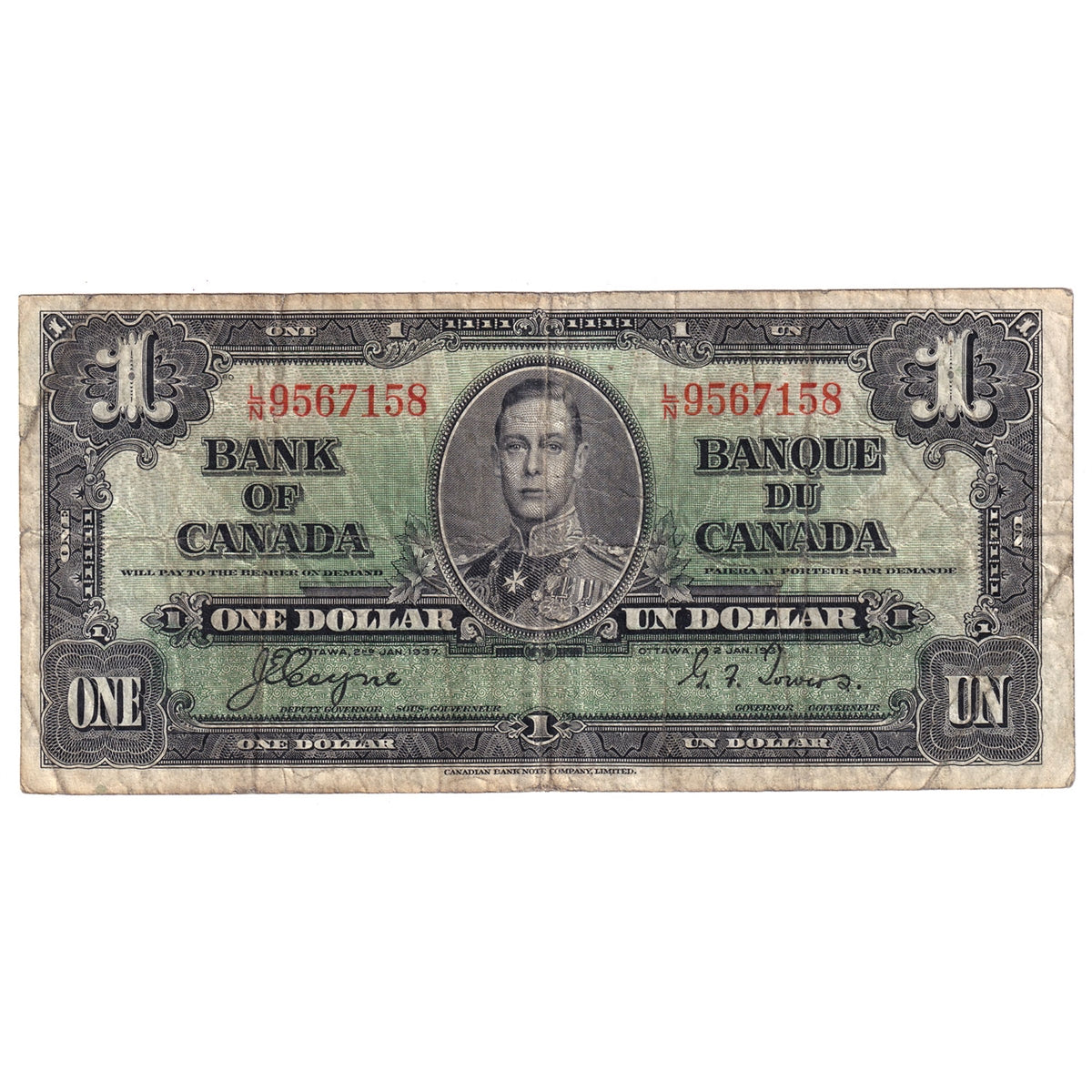 BC-21d 1937 Canada $1 Coyne-Towers, L/N, VG-F (VG10)
