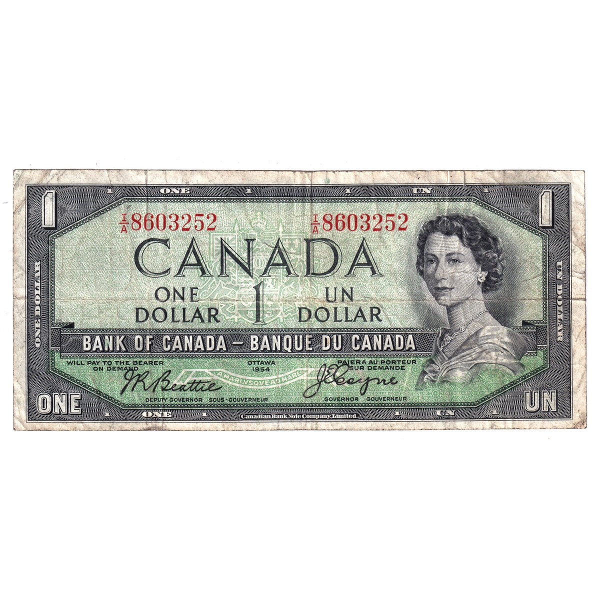 BC-29b 1954 Canada $1 Beattie-Coyne, Devil's Face, I/A, Fine (F12)