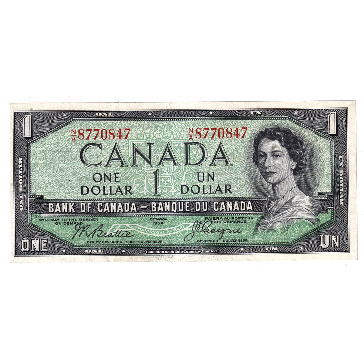 BC-29b 1954 Canada $1 Beattie-Coyne, Devil's Face, N/A, Almost Uncirculated (AU50)