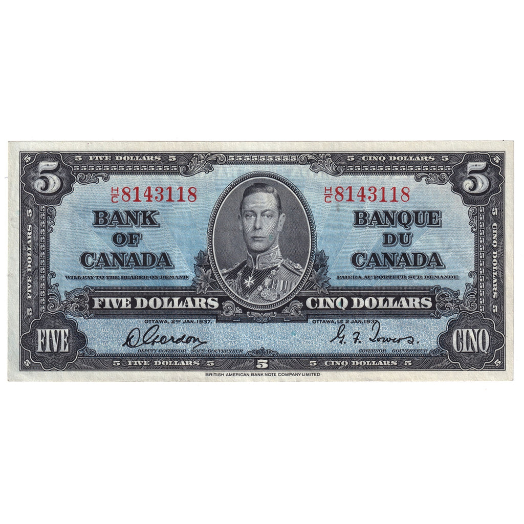 BC-23b 1937 Canada $5 Gordon-Towers, H/C, Extra Fine (EF40)