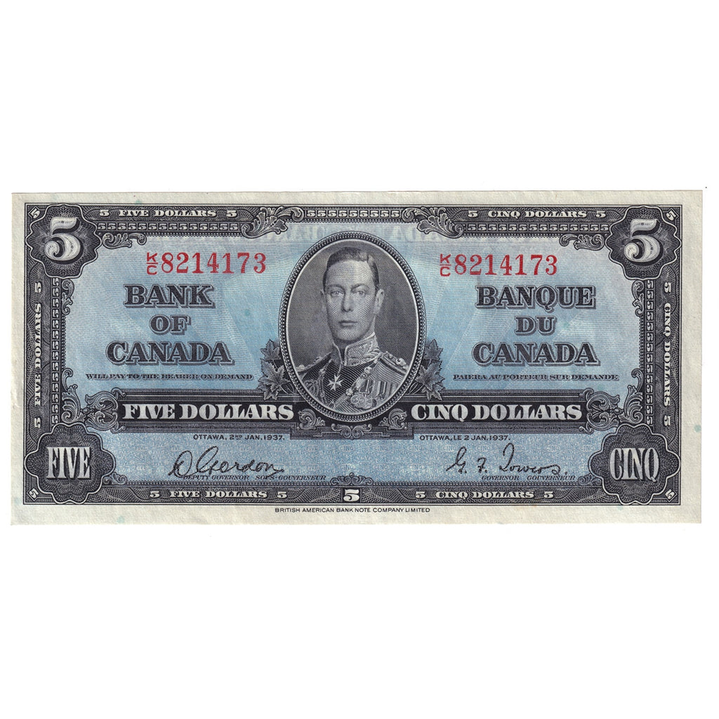 BC-23b 1937 Canada $5 Gordon-Towers, K/C, Almost Uncirculated (AU50)