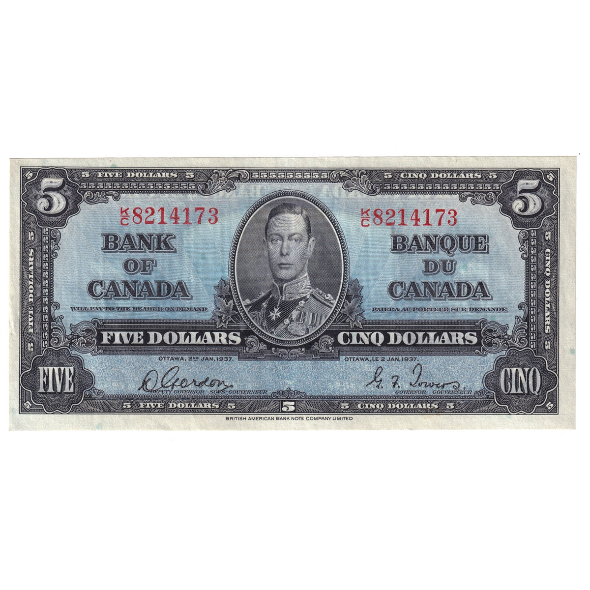 BC-23b 1937 Canada $5 Gordon-Towers, K/C, Almost Uncirculated (AU50)