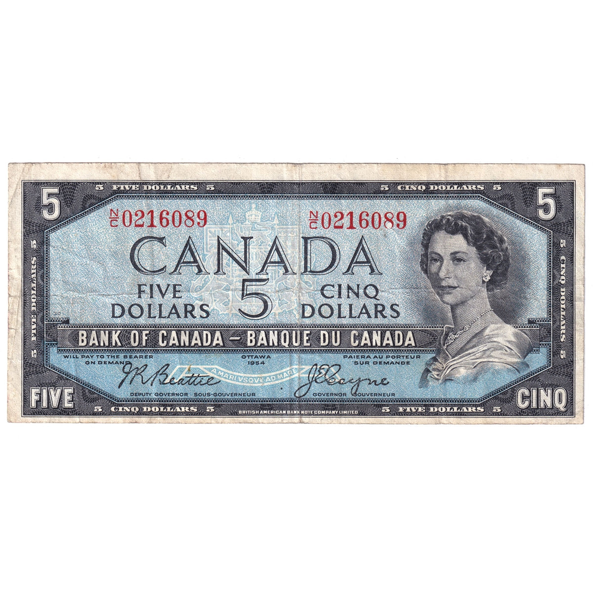 BC-39a 1954 Canada $5 Beattie-Coyne, N/C, F-VF (F15)