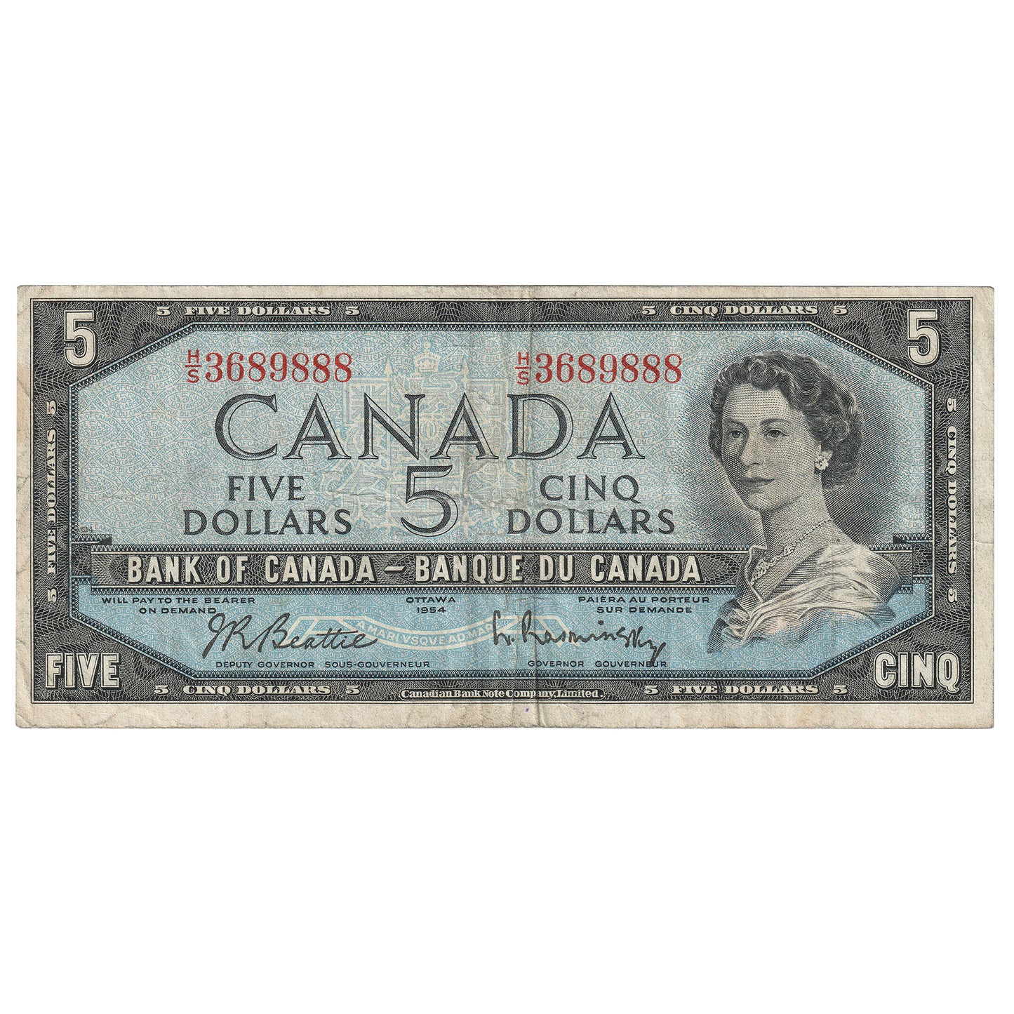 BC-39b 1954 Canada $5 Beattie-Rasminsky, H/S, Fine (F12)
