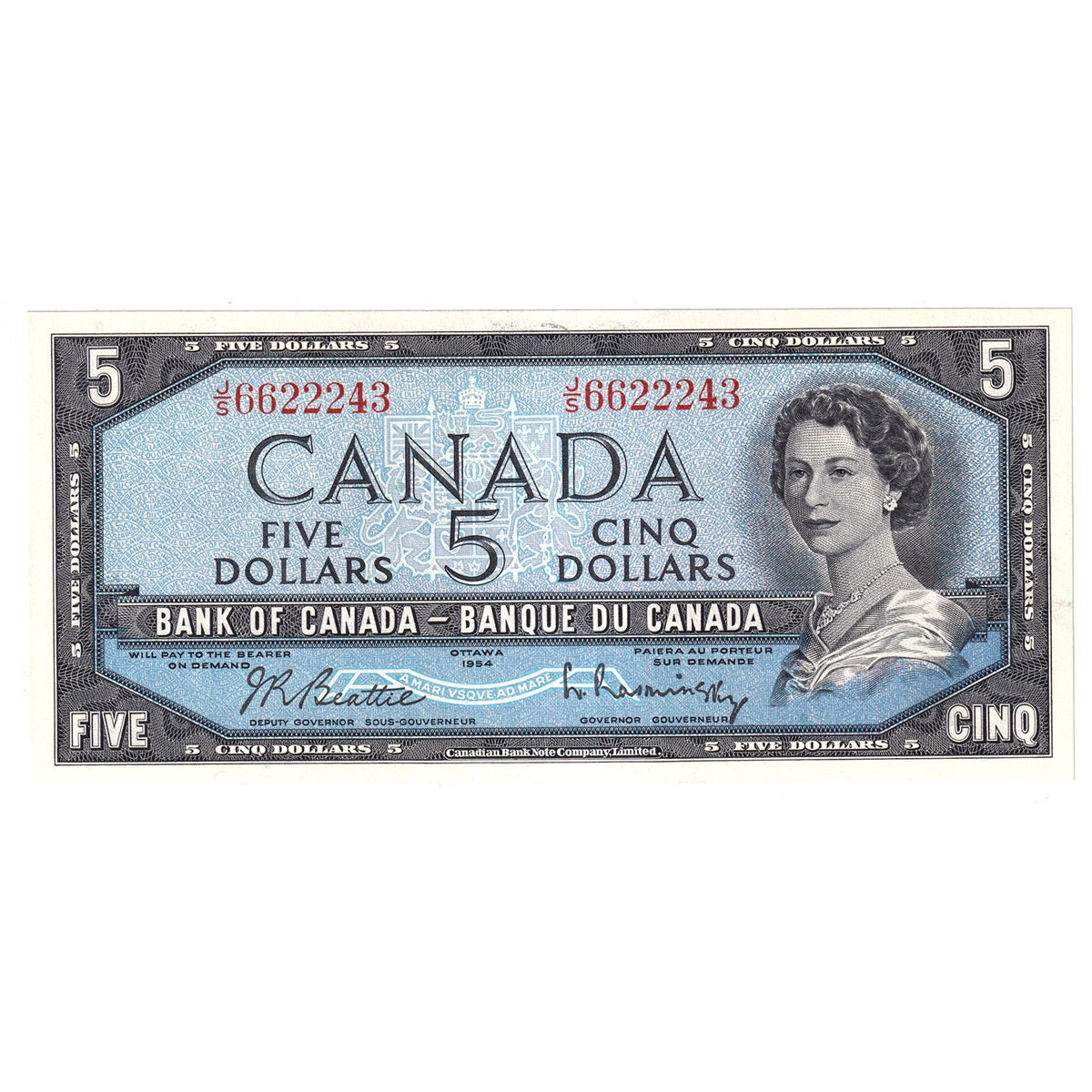 BC-39b 1954 Canada $5 Beattie-Rasminsky, J/S, Uncirculated (MS60)