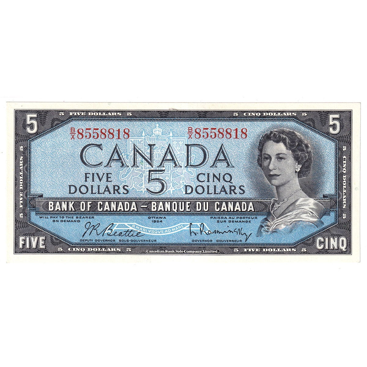 BC-39b 1954 Canada $5 Beattie-Rasminsky, B/X, Choice Uncirculated (CUNC63)