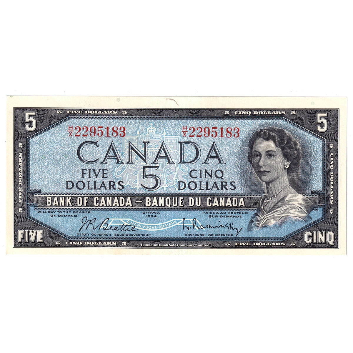 BC-39b 1954 Canada $5 Beattie-Rasminsky, H/X, Uncirculated (MS60)
