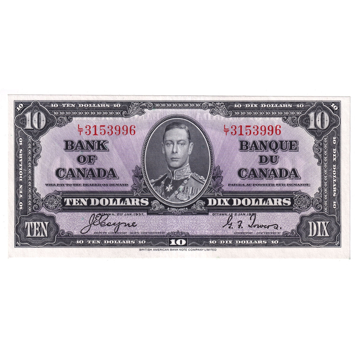 BC-24c 1937 Canada $10 Coyne-Towers, L/T, Uncirculated (MS60)