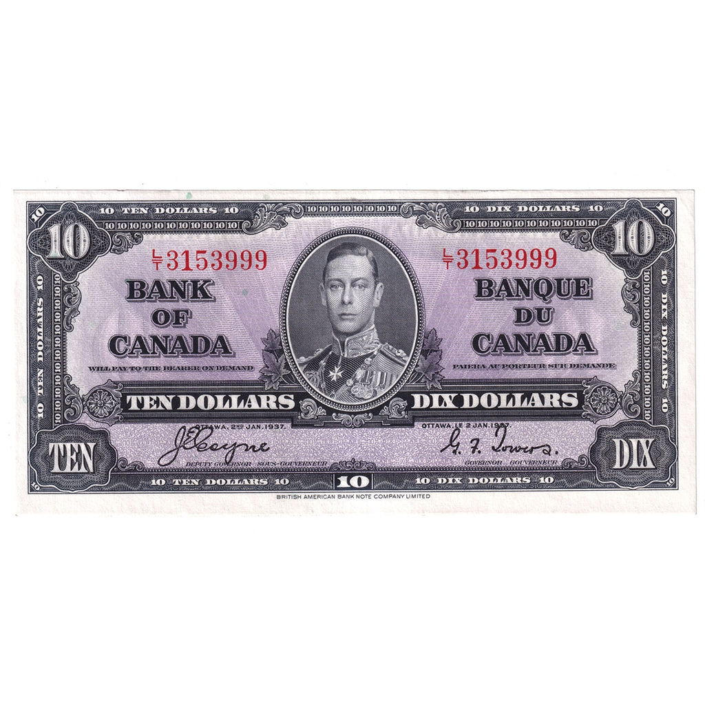 BC-24c 1937 Canada $10 Coyne-Towers, L/T, AU-UNC (AU55)
