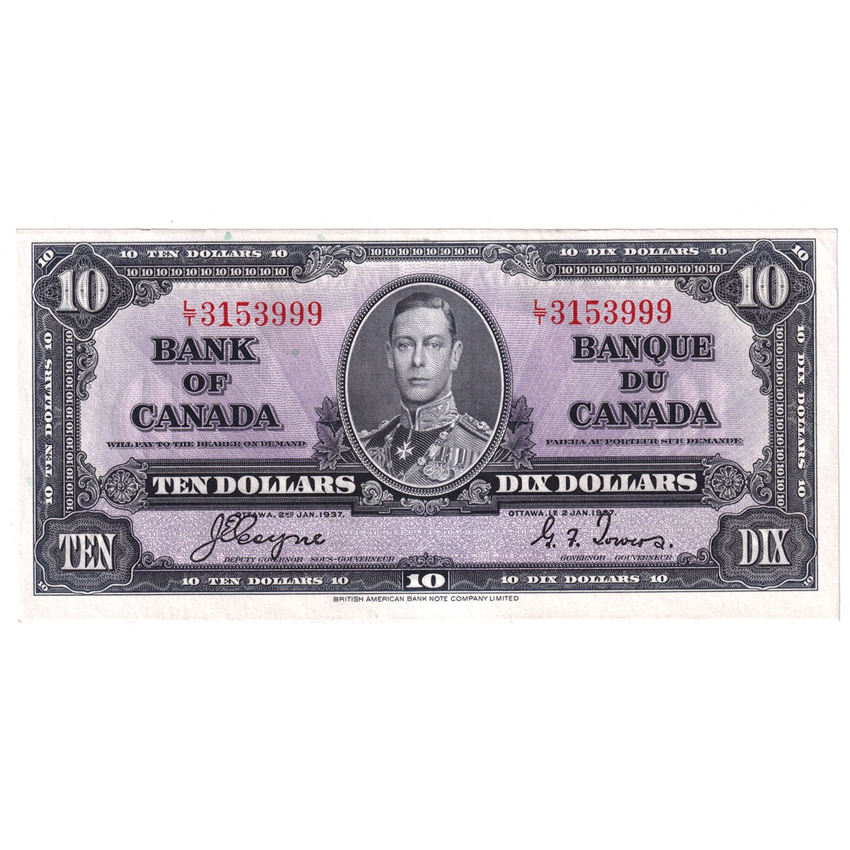 BC-24c 1937 Canada $10 Coyne-Towers, L/T, AU-UNC (AU55)